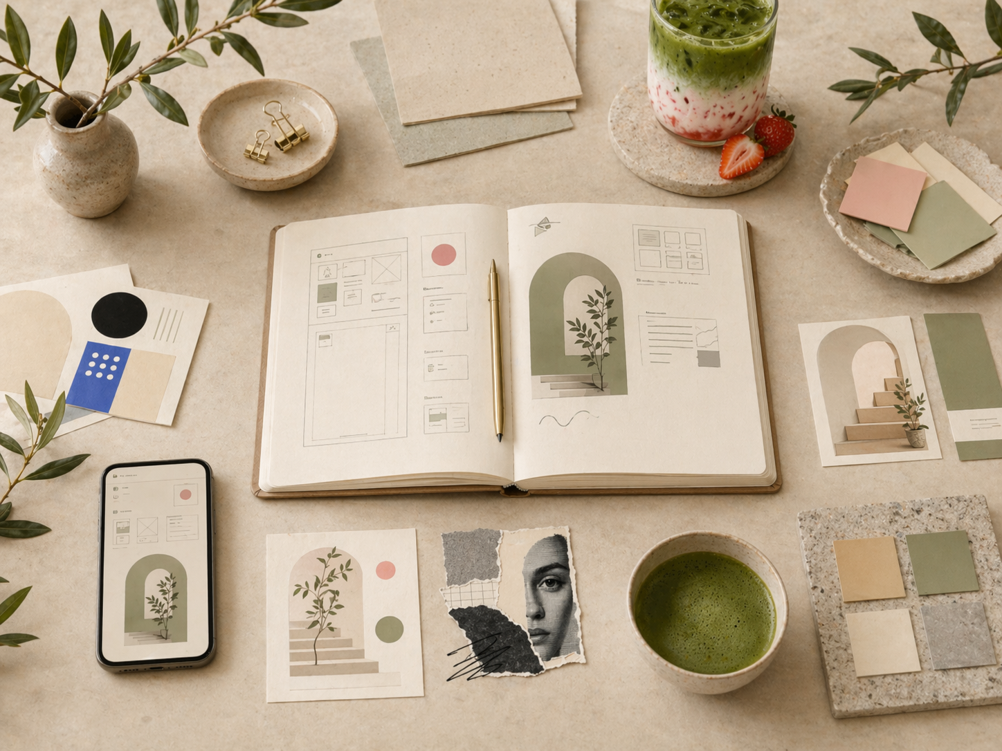 A notebook, design materials, matcha, and calm visual planning objects arranged on a warm stone surface